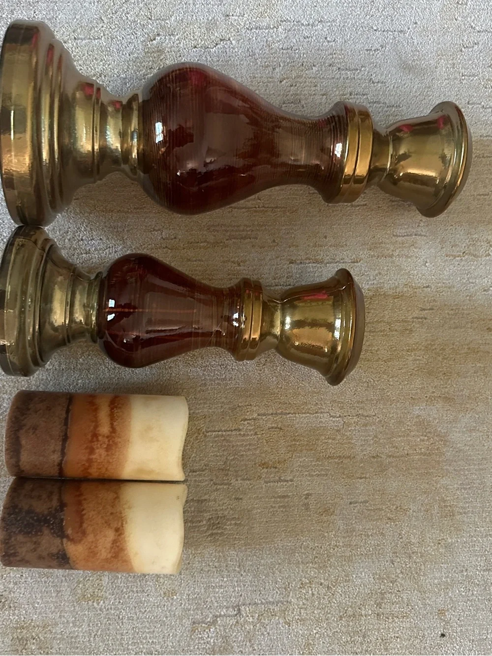 Brass and Amber Glass Candle Holders with Brown Gradient Pillar LED Candles